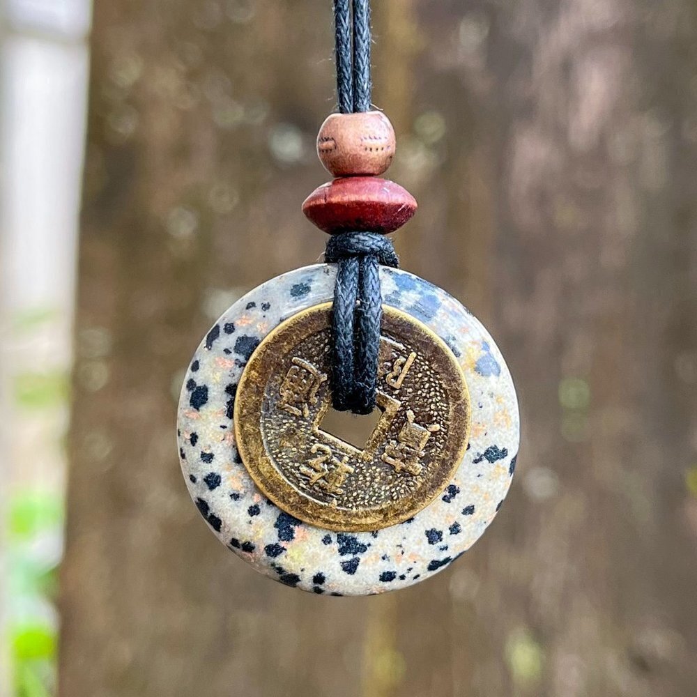 Dalmatian Jasper and Lucky Coin Pendant Handmade